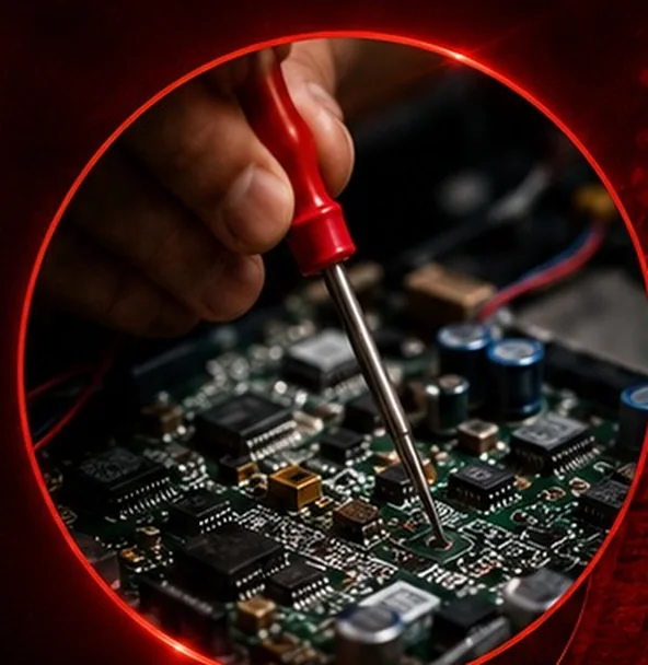 Técnico da Betel Som realizando conserto de eletrônicos em placa de equipamento