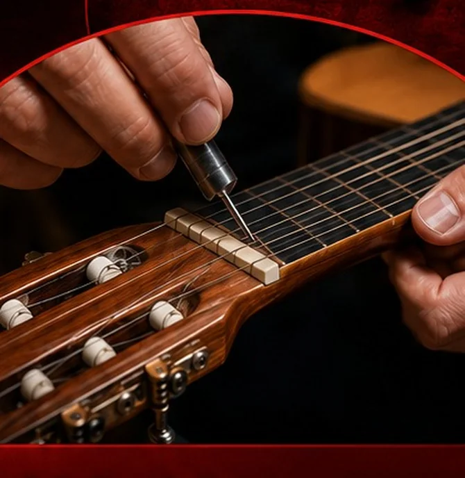 Luthier da Betel Som ajustando trastes no braço de um violão